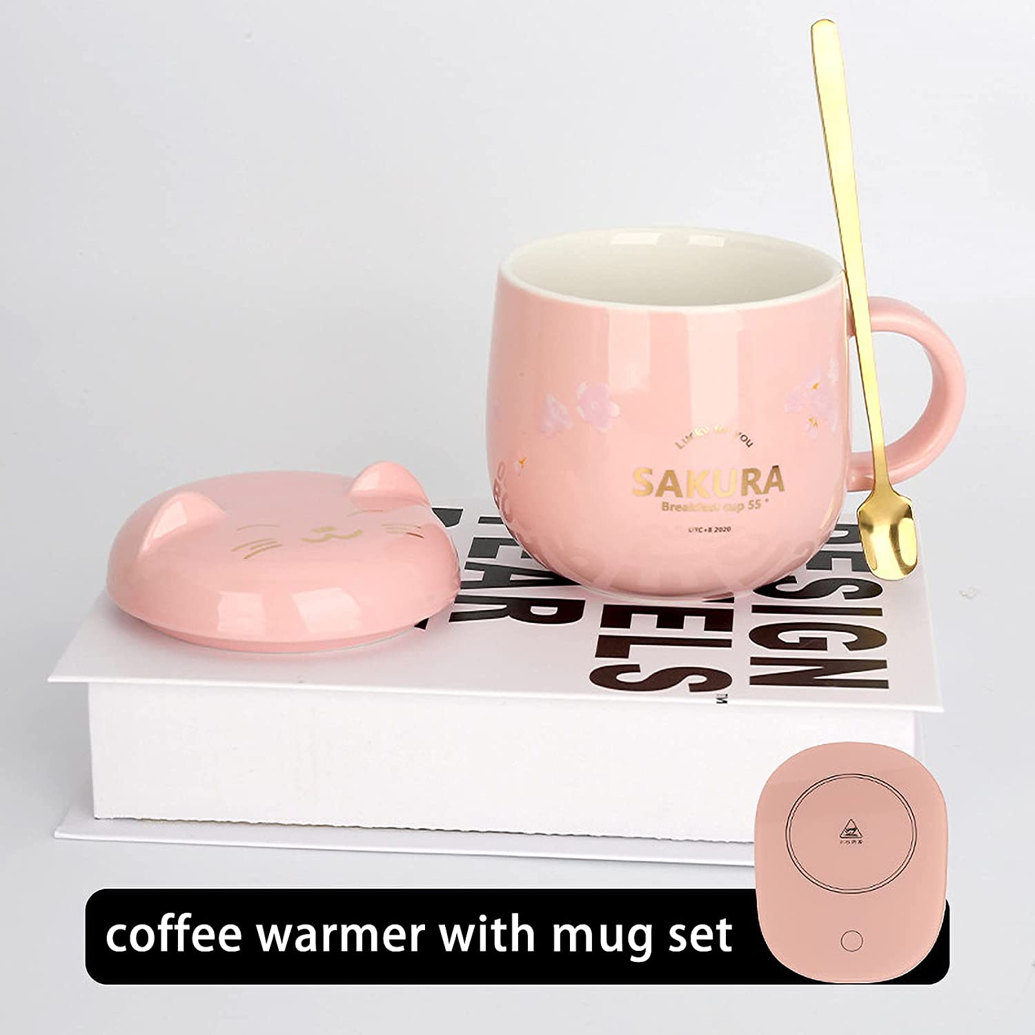 Pink Coffee Mug Warmer， Smart Coffee Cup Warmer for Desk Auto Shut Off with Gravity Temperature Control Function and Cat and Cherry Flower Pattern， Ideas Christmas Gifts