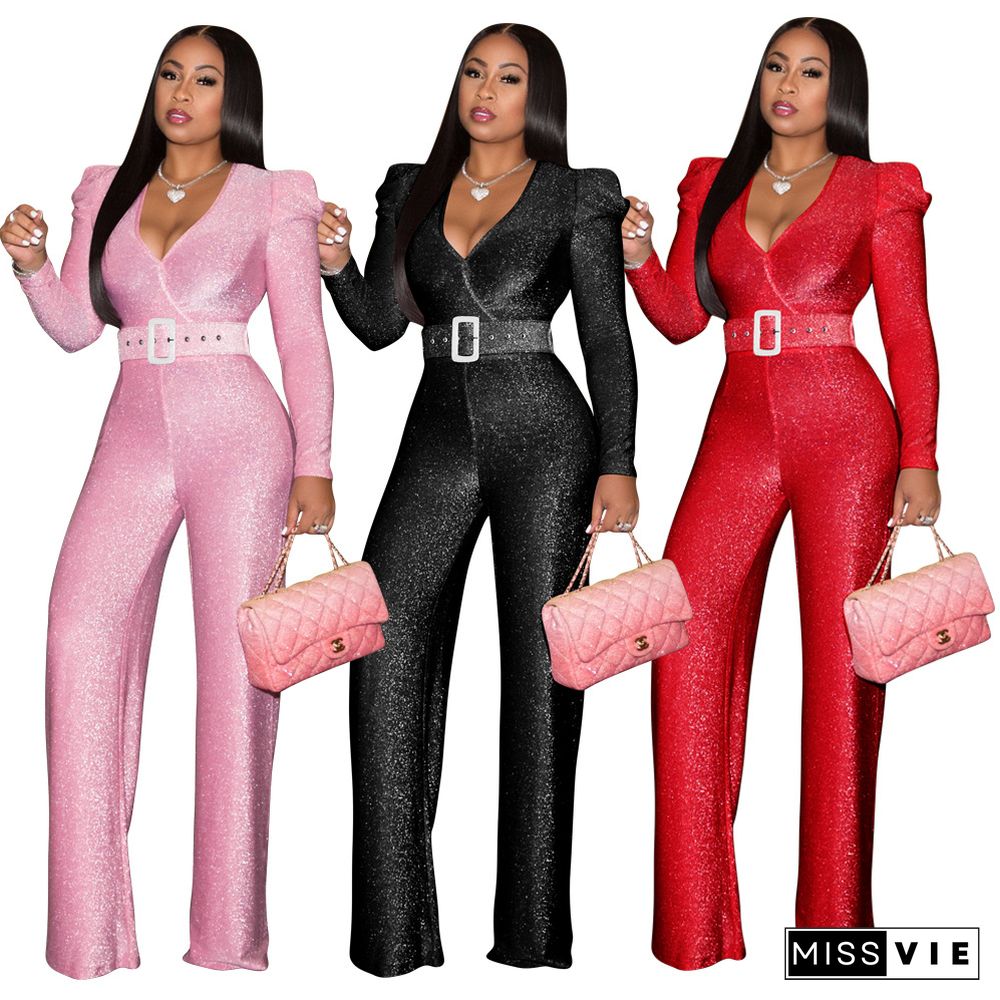 Puff Sleeve V Neck Glitter Sparkly Jumpsuit+Belt