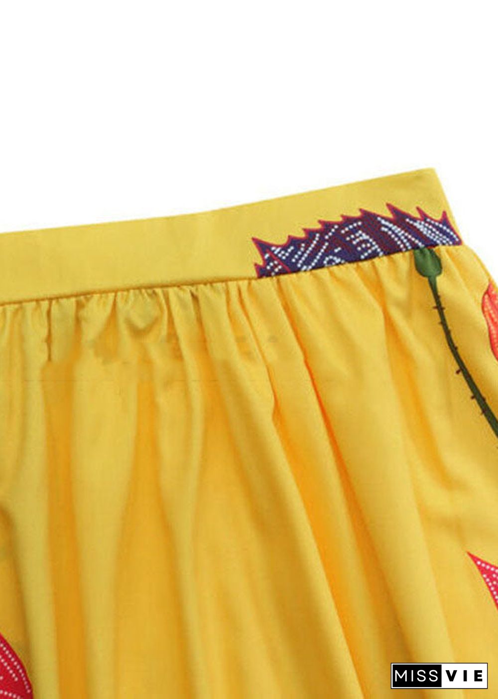 Bohemian Yellow -Black Print High Waist Pockets Floral Print Cotton A Line Skirt Summer