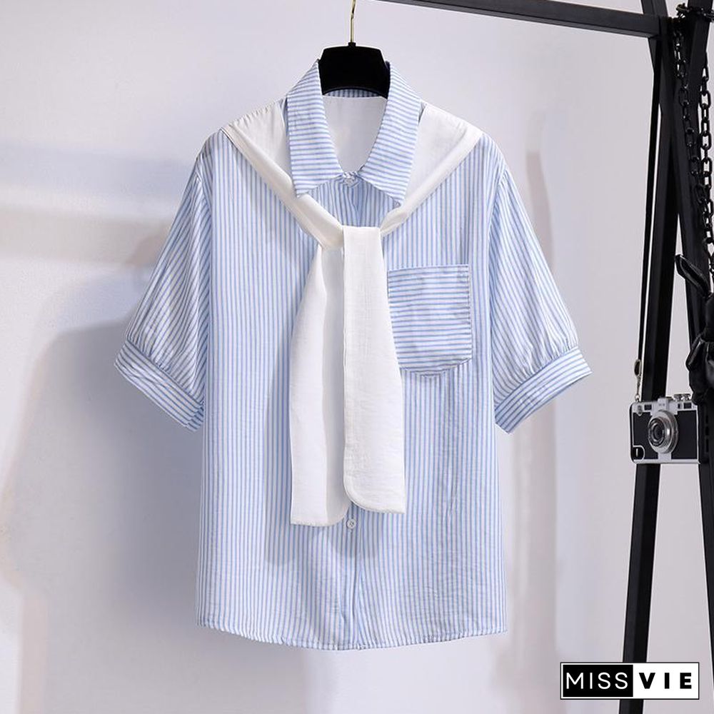 Casual Stripe Blouse+Denim Shorts P10631