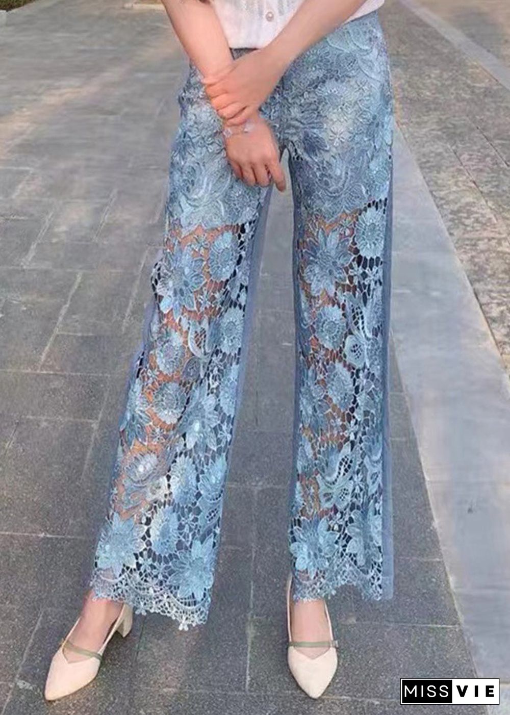 Beautiful Blue Lace Patchwork High Waist Wide Leg Jeans Summer