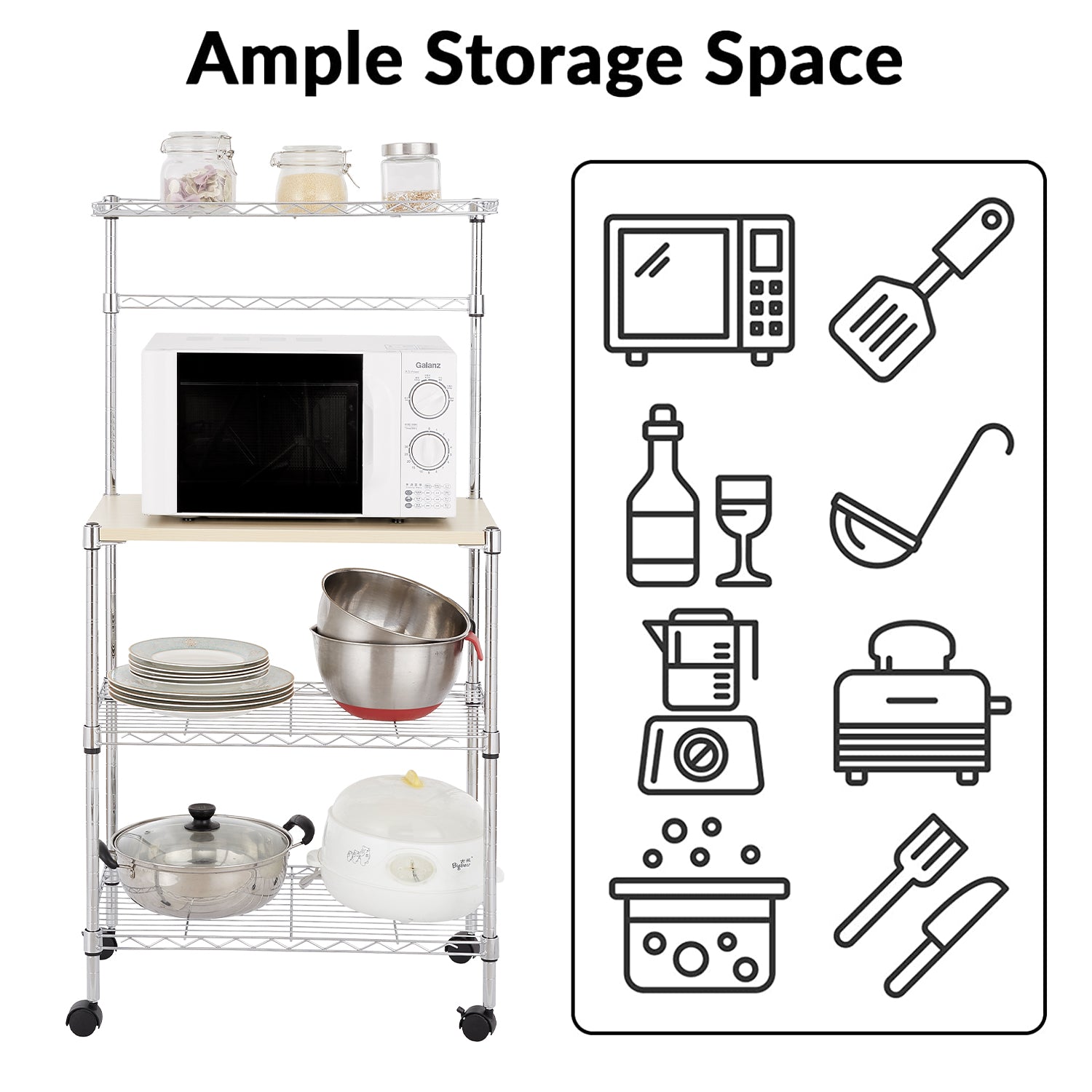 uhomepro Corner Bakers Rack， 4 Tier Kitchen Storage Microwave Rack， Microwave Cart with Cutting Board， Bakers Racks for Microwave， Silver Metal Storage Shelves