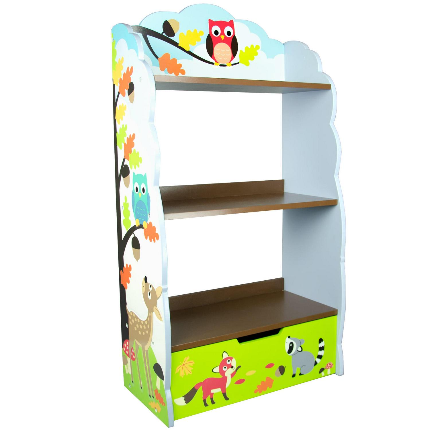 Fantasy Fields by Teamson Kids Enchanted Woodland Kids Wooden Bookshelf with Storage Drawer， Multicolor