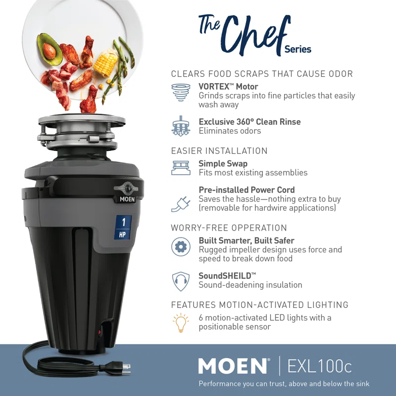 MOEN GX100C Chef Series 1 HP Continuous Feed Garbage Disposal with Sound Reduction and Universal Mount