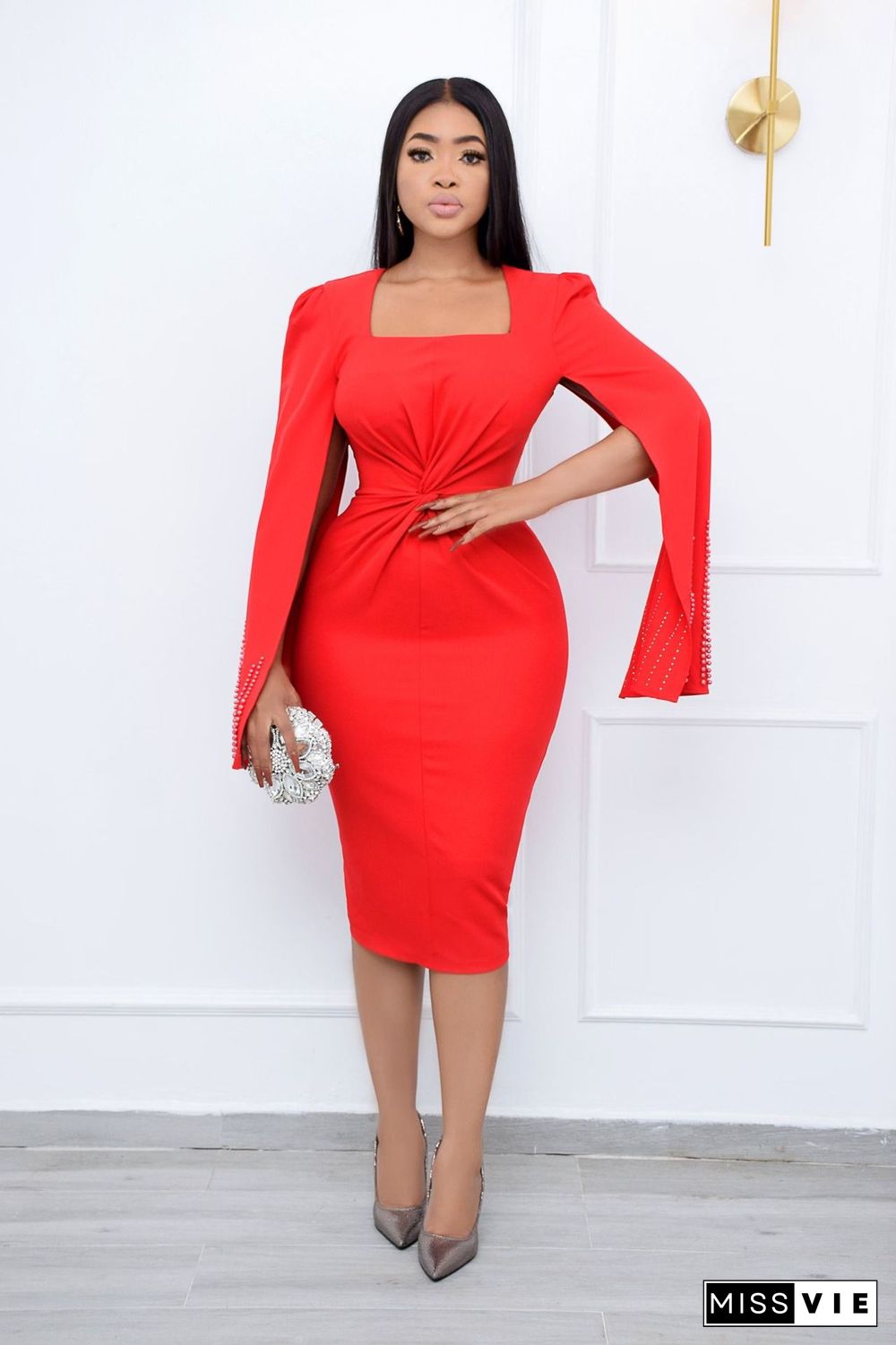 Elegant Beading Cape Sleeve Bodycon Midi Dress