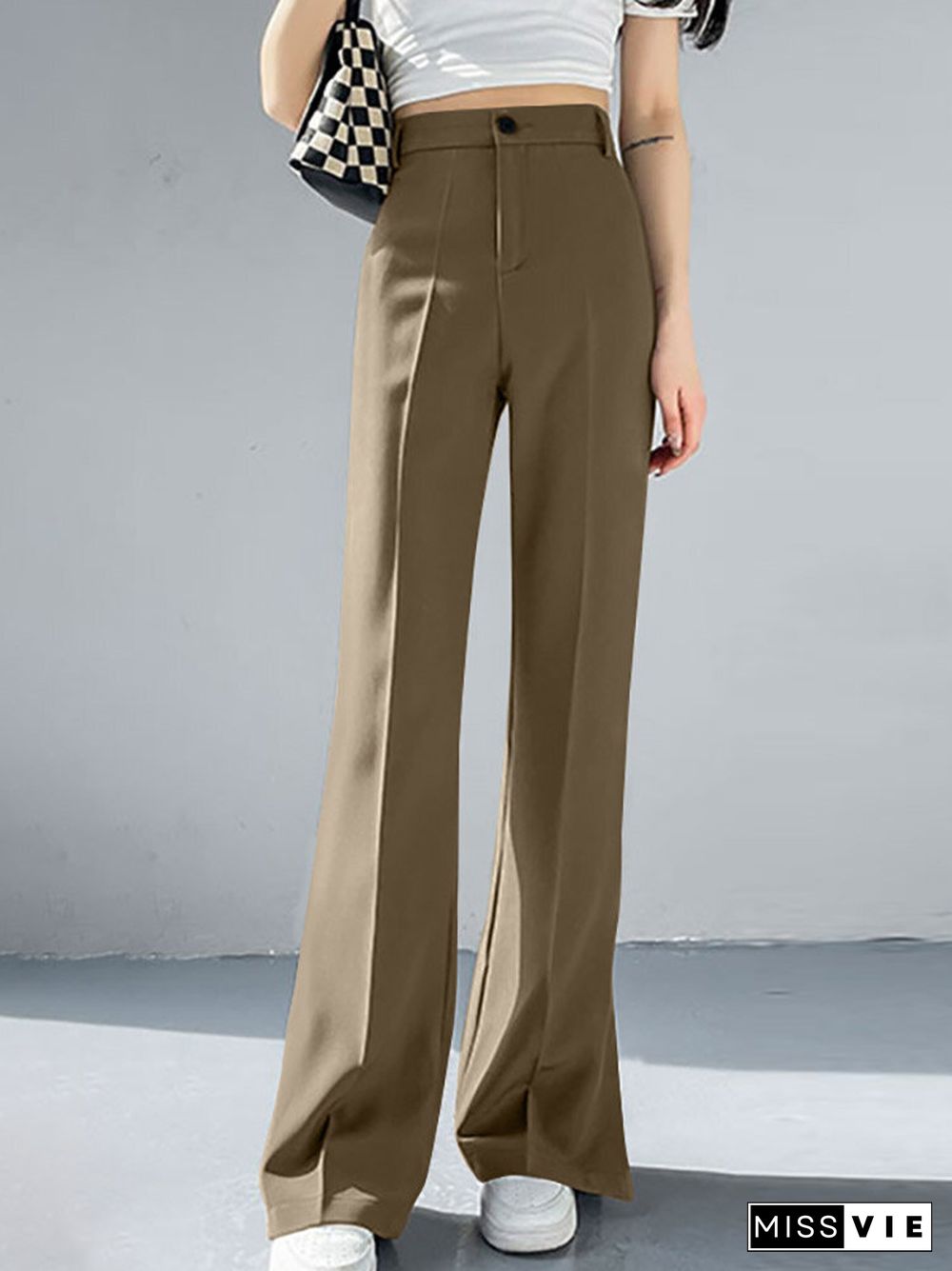 High Waist Solid Double Slit Hem Casual Pants