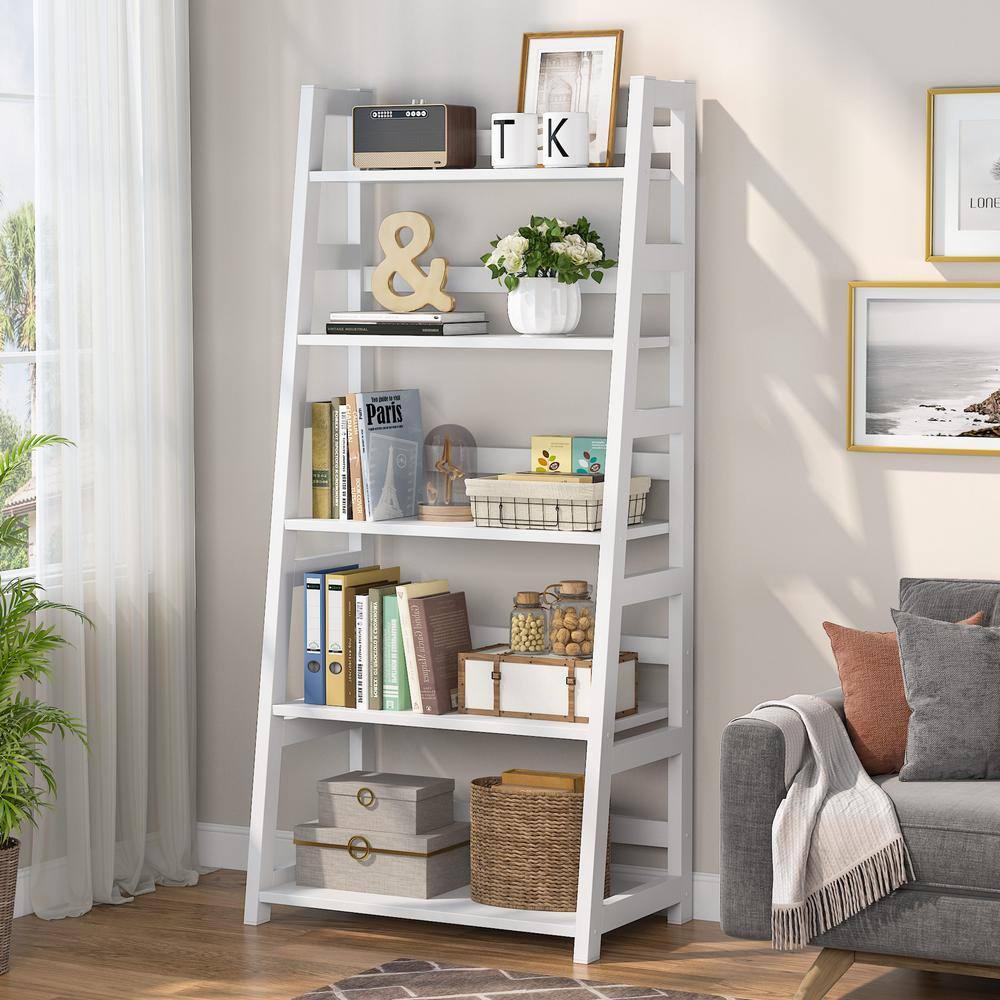 BYBLIGHT 56.5 in. White Wood 5-Shelf Ladder Bookcase Modern Bookshelf with 5-Tier Shelves BB-C0262GX