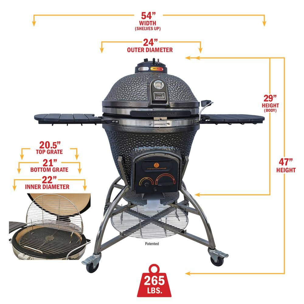 Vision Grills 24 in. Kamado XD702 Ceramic Charcoal Grill in White with Cover, Storage Cart, Shelves, Lava Stone, Ash Drawer XD-702WC