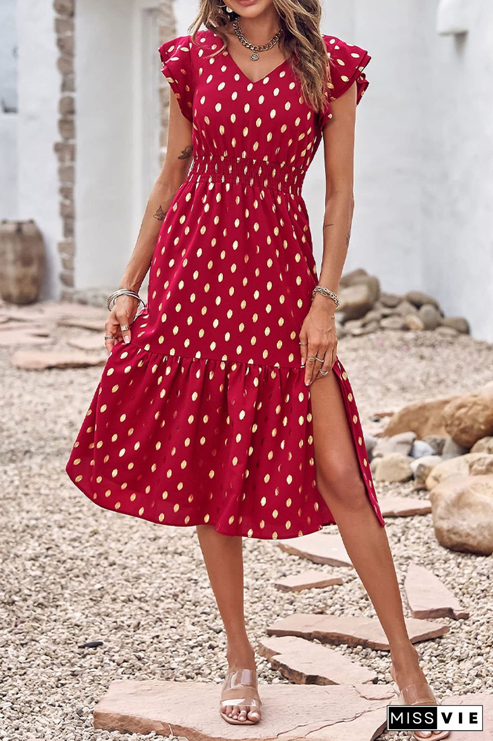 V Neck Foil Spot Print High Waist Midi Dress