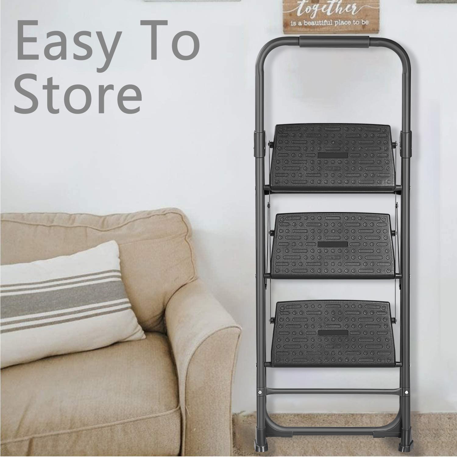 SUGIFT 3 Step Ladder Portable Folding Step Stool with Wide Anti-Slip Pedal， Dark Gray