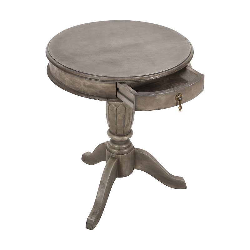 21 Inch Handcrafted Mango Wood Side Table with Drawer， Classic Pedestal Base and Round Top， Rustic Gray