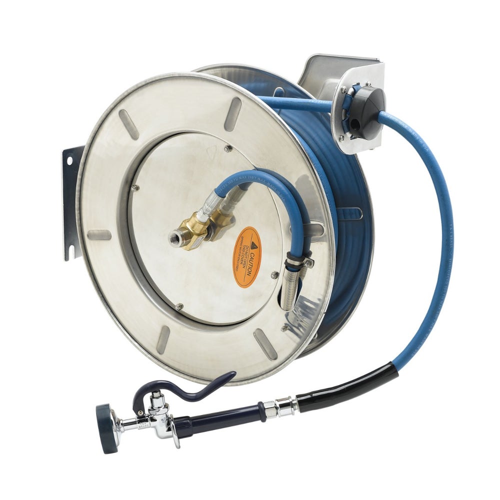 TandS B-7142-01 Open Stainless Steel Hose Reel with 50-Foot Hose and Spray Valve