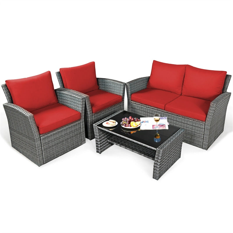 4 Pcs Rattan Patio Sectional Furniture Set with Storage Shelf Table, Cushioned Outdoor Wicker Conversation Sofa Set