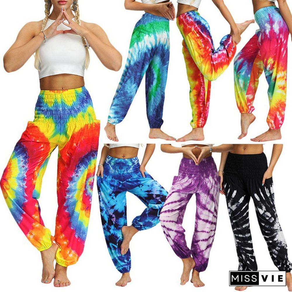 New Fashion Tie Dye Print Harem Hippie Pants for Womens Yoga Pants Wide Leg Comfy Elasticity High Waisted Loose Straight Lounge Running Workout Legging Home Clothes Pants Plus Size S-5XL