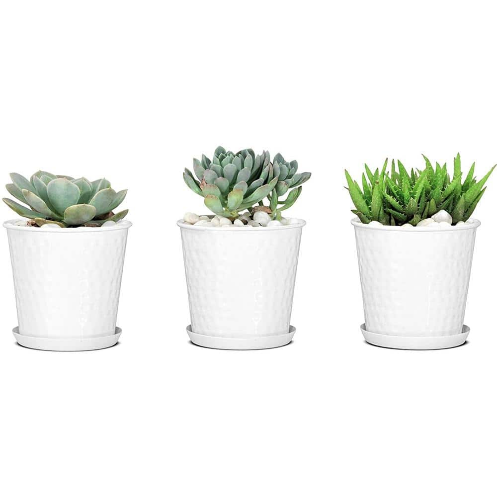 Monarch Abode Monarch Hand Hammered Classic White Flower Succulent Pots Planter with Drainage Hole (Set of 3) 20010