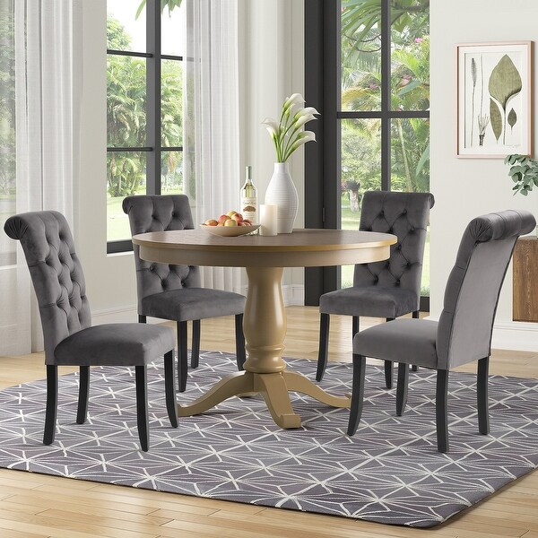 Set of 2 Dining Chairs with Button Tufted Upholstery， Sturdy Wood Frame Side Chair with Slightly Tapered Legs， Grey