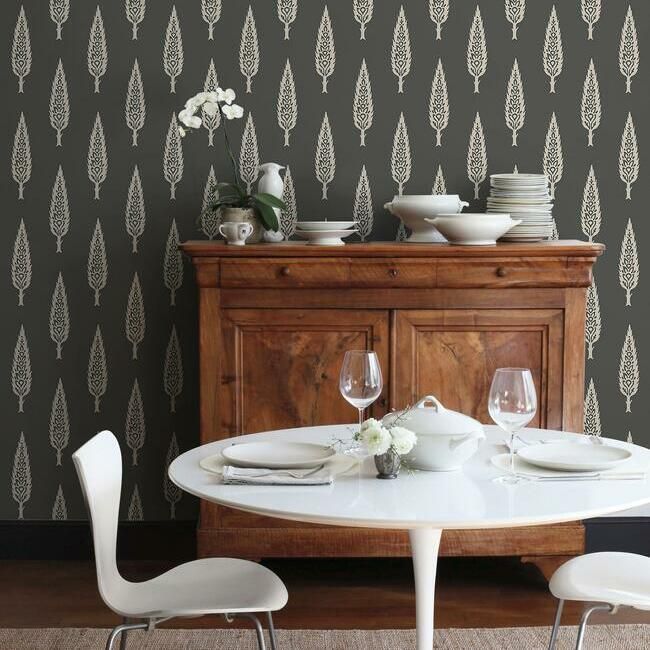 Juniper Tree Wallpaper in Black and Taupe from the Silhouettes Collection