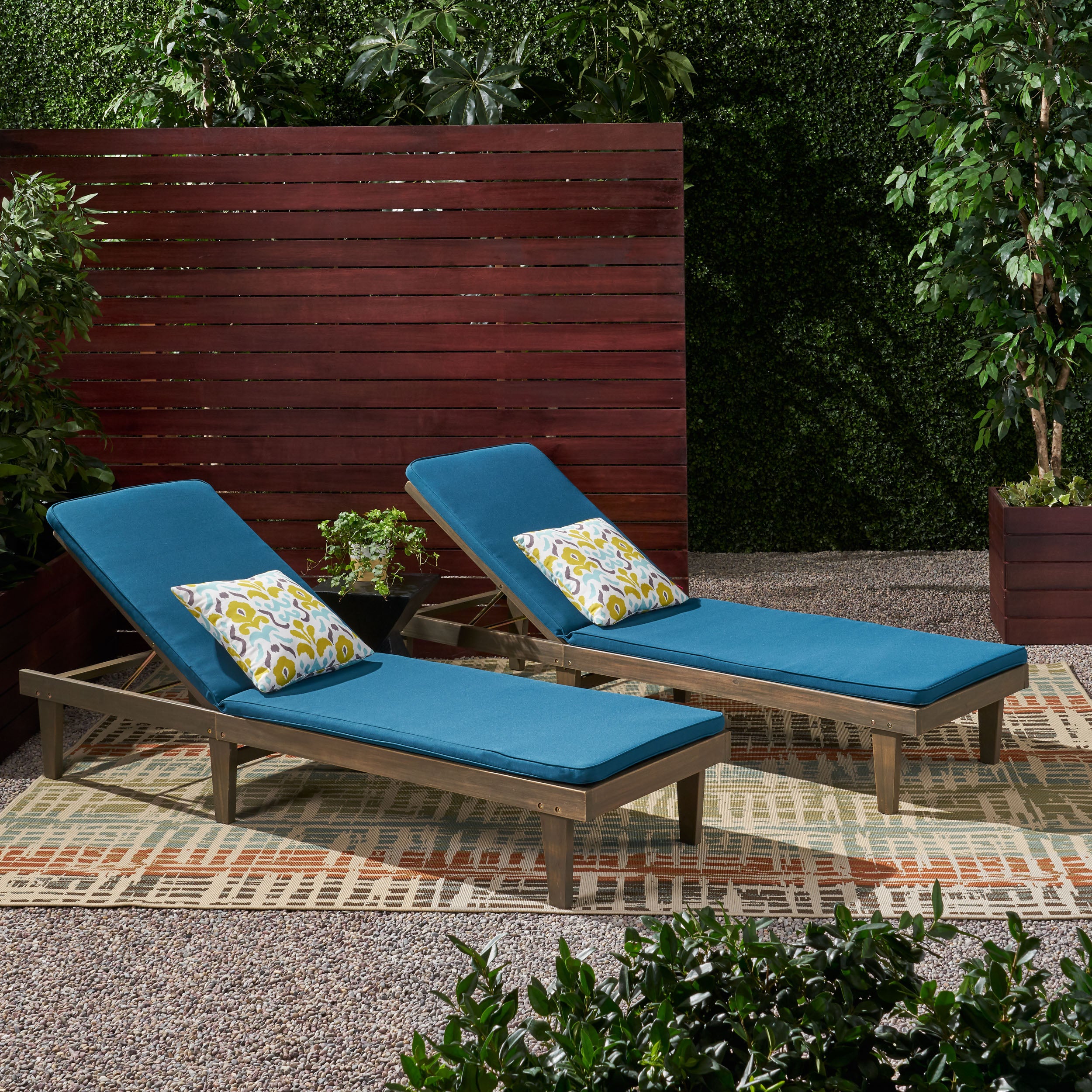 Nadine Outdoor Modern Acacia Wood Chaise Lounge with Cushion (Set of 2)