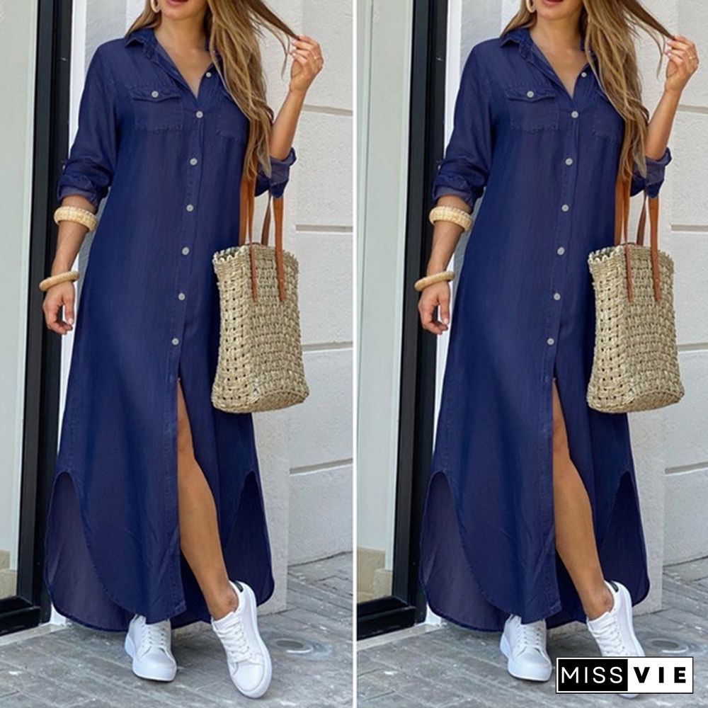 Damen Lässig Kleid Shirtkleid Denim Jeanskleid Plus Knopf Longshirt Dress Long Maxi Dress