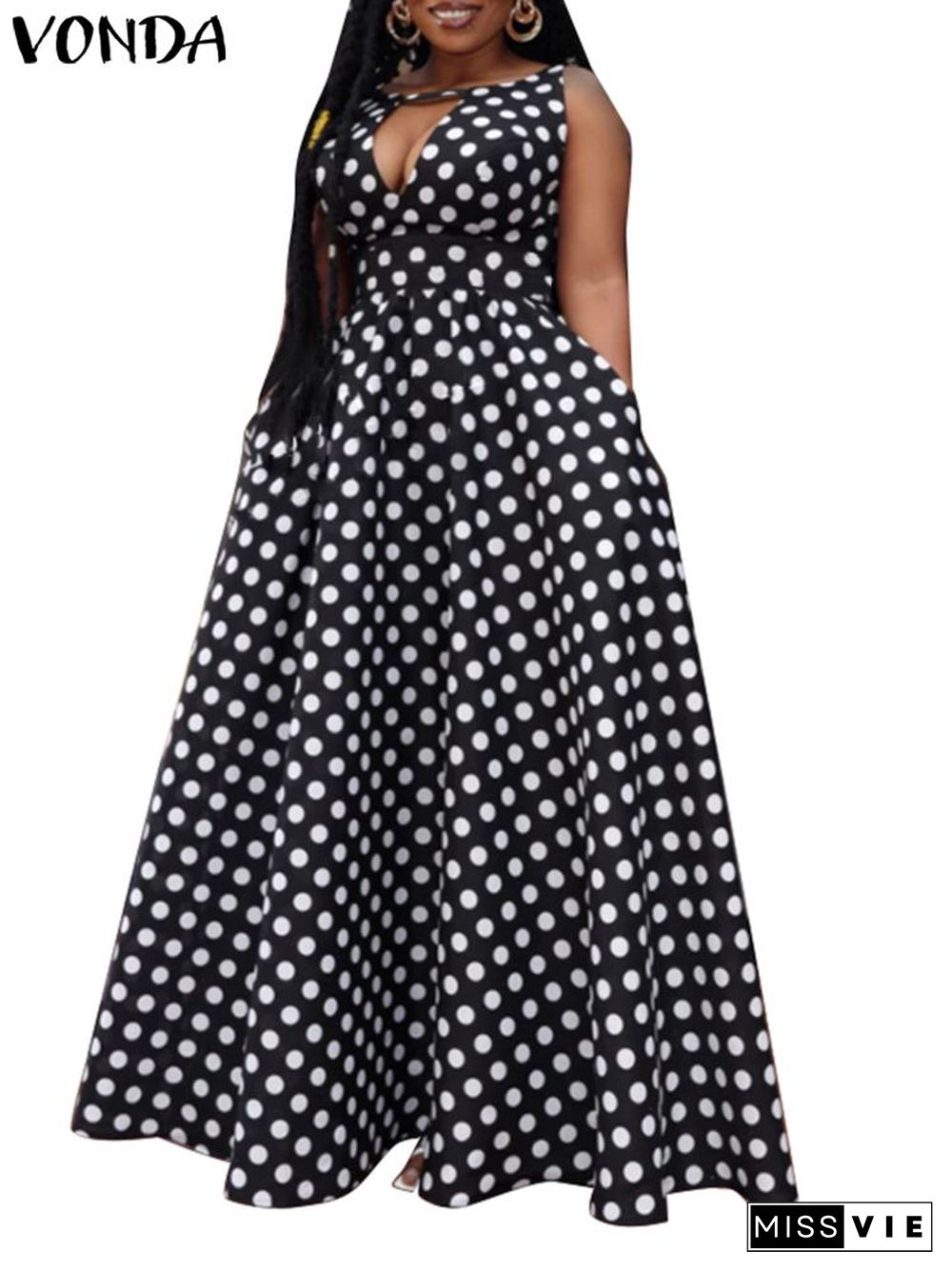 Women Summer Dress VONDA Holiday Deep V Neck A-line Big Swing Party Dress Sexy Polka Dot Vestidos Sleeveless Robe Femininas