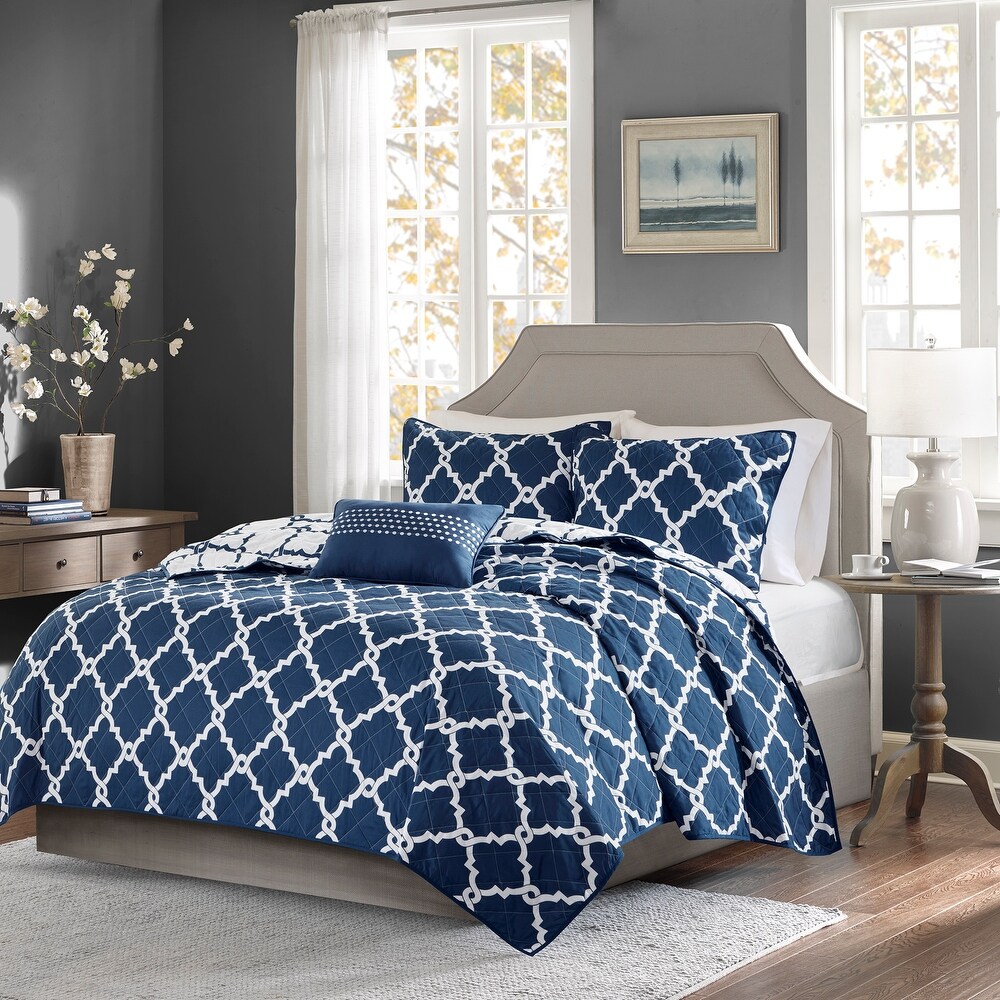 Madison Park Cole Navy 4 Piece Reversible Quilt Set with Throw Pillow