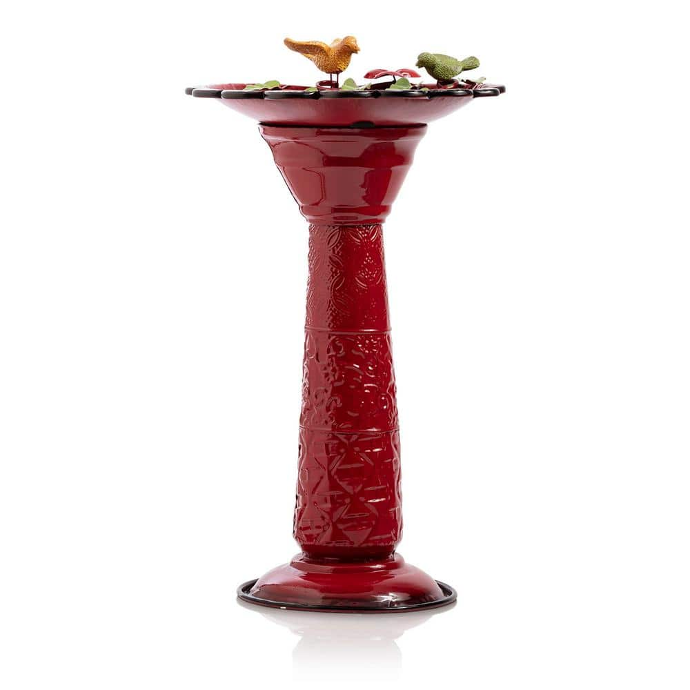 Alpine Corporation 28 in. Tall Outdoor Metal Birdbath with Birds and Leaves Yard Statue Decoration， Red ORS112RD