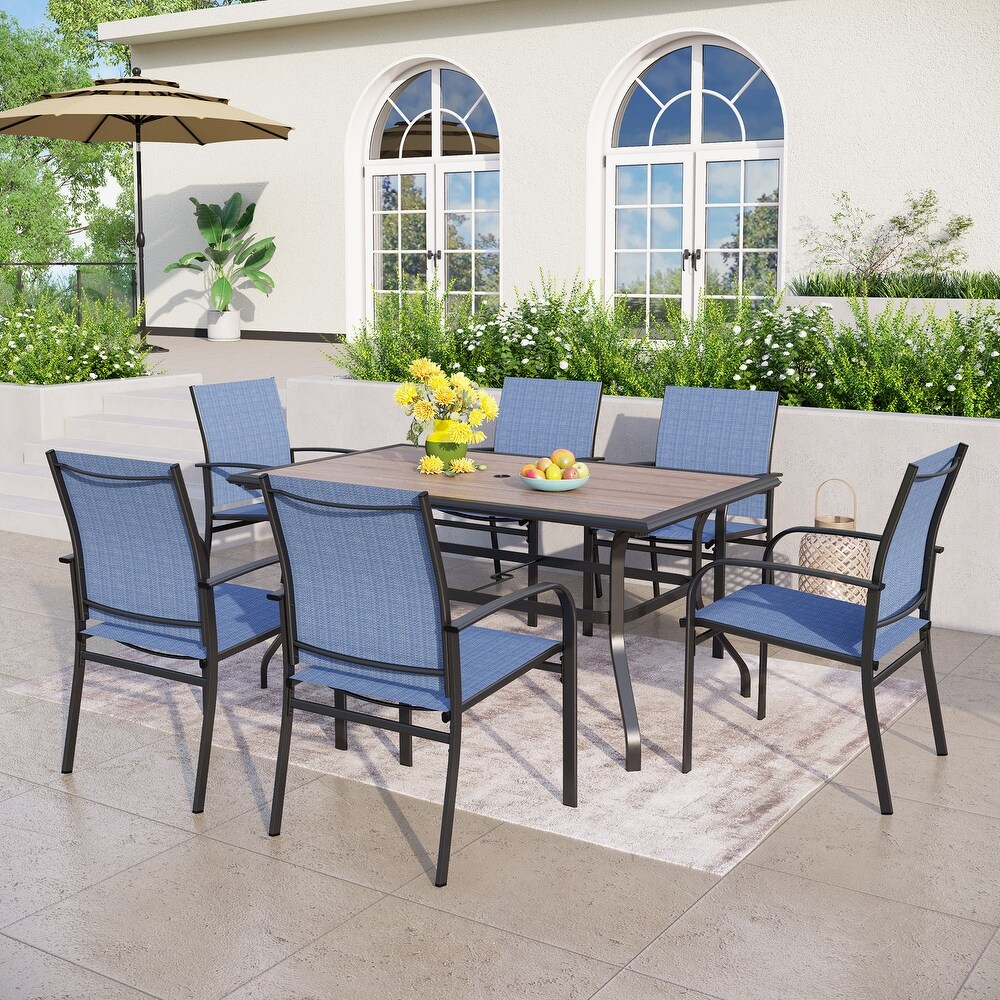 7 Piece Patio Dining Set Wood look Rectangle Table and 6 Textilene Chairs