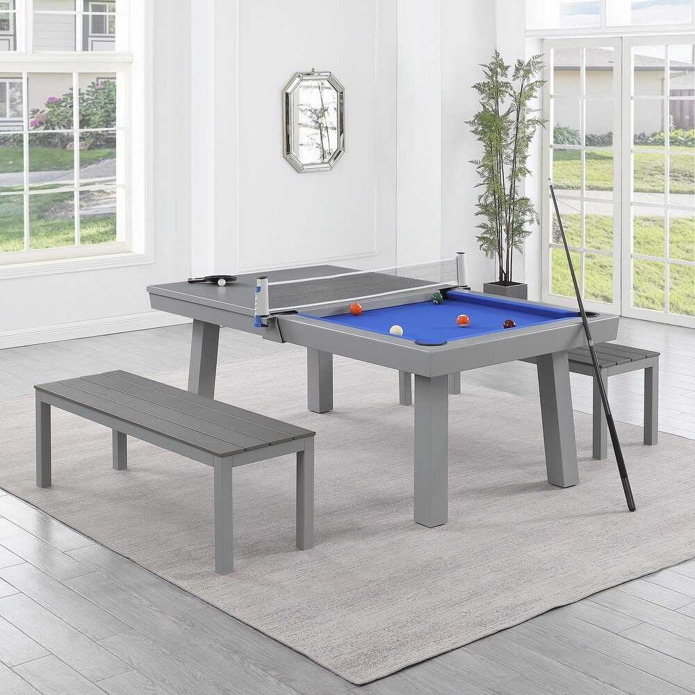 Newport Outdoor Patio 7ft Slate Pool Table Dining Set with 2 Benches   Accessories  Cement Finish