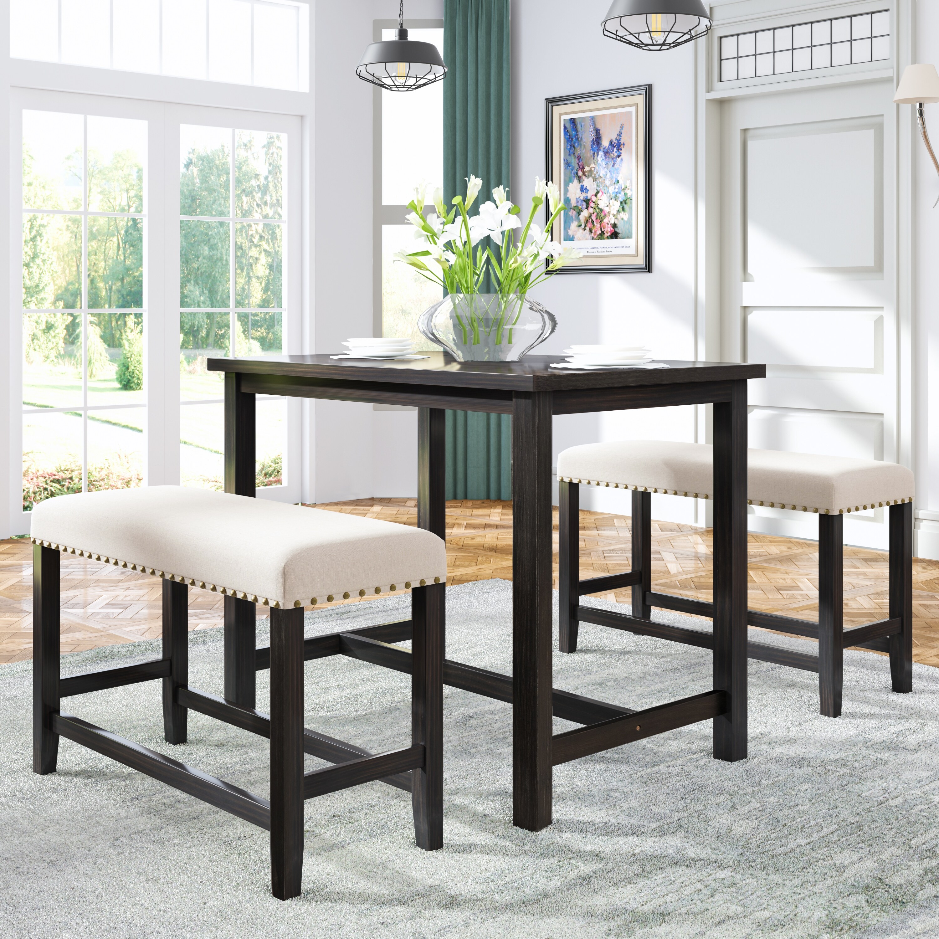 3 Pieces Rustic Wooden Counter Height Dining Table Set with 2 Upholstered Inlaid Copper Nails Benches for Small Places