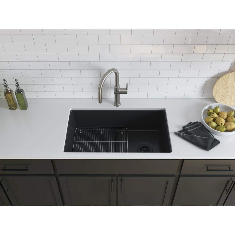 KOHLER K-8437-1-CM1 Kennon Dual Mount Neoroc Granite Composite 33 in. 1-Hole Single Bowl Kitchen Sink in Matte Black with Basin Rack