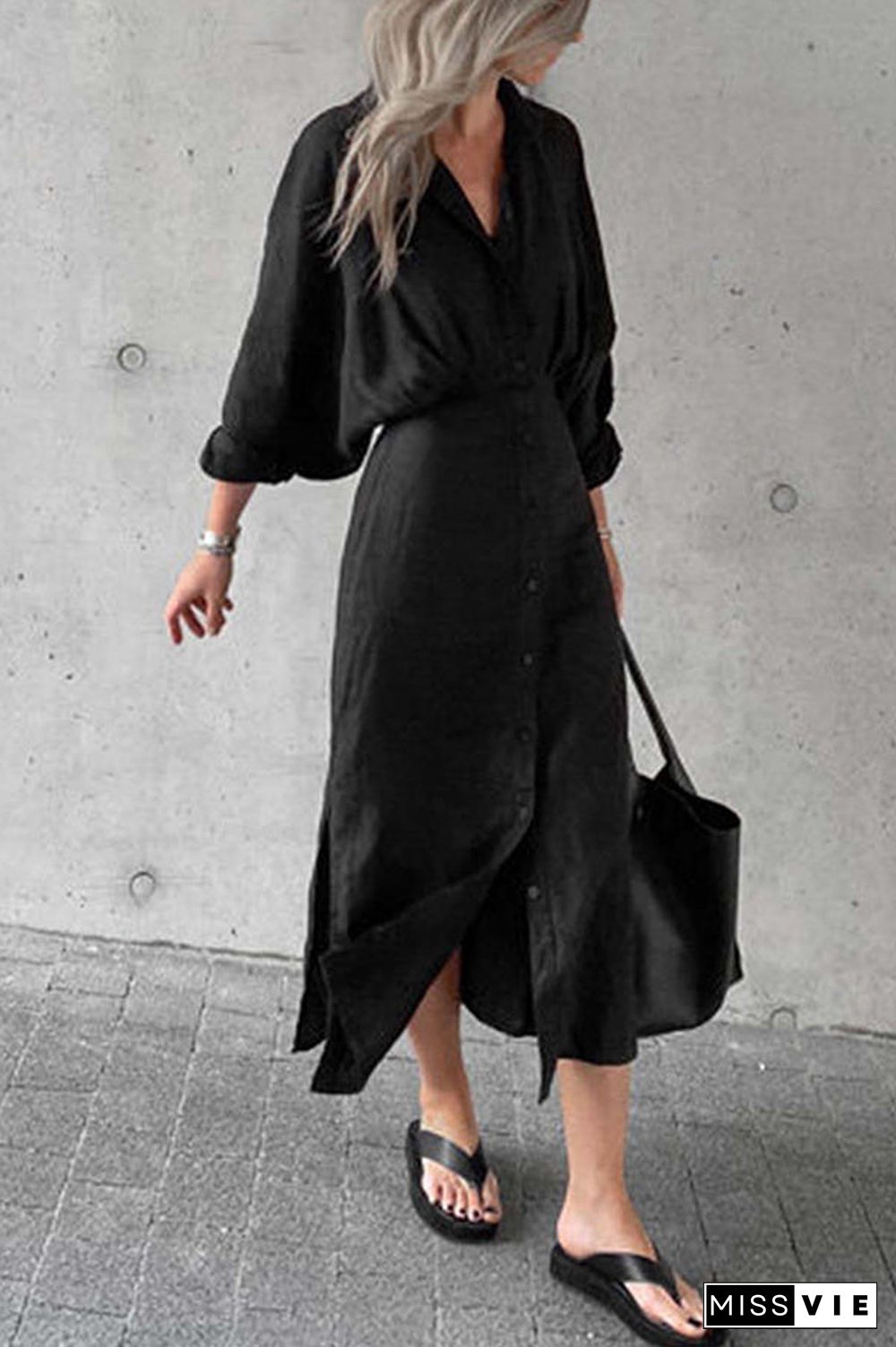 Button Bat Sleeve Midi Shirt Dress