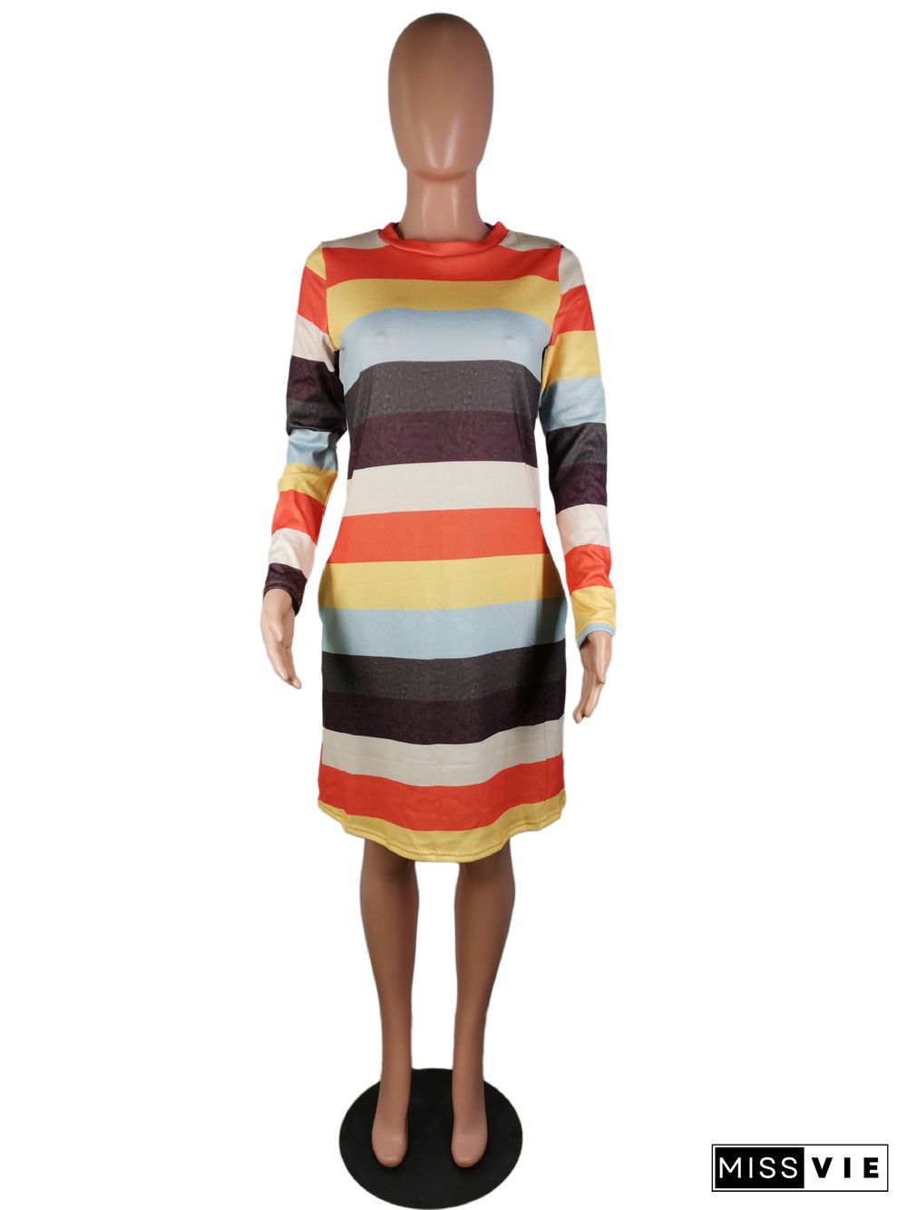 Rainbow Stripe Round Neck Long Sleeved Pocket T-shirt Dress