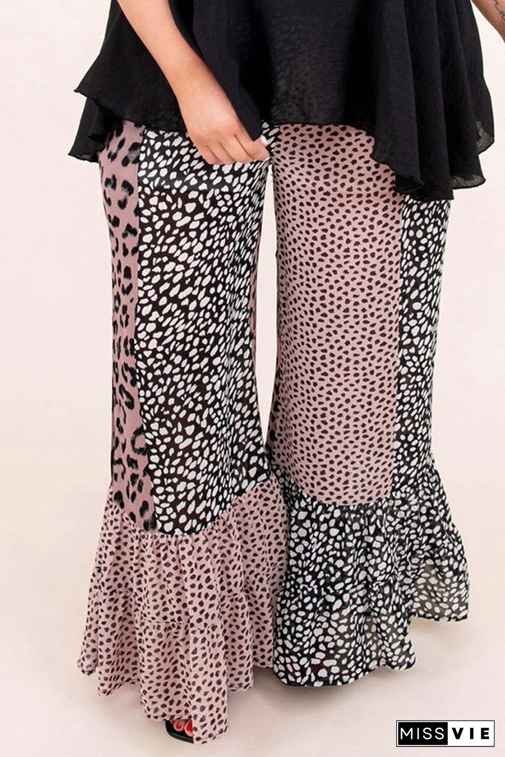 Leopard Print Color Block Ruffled Plus Size Pants