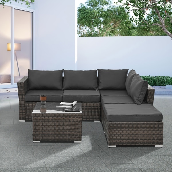 4Piece Patio Conversation Wicker Furniture Set，Sectional Sofa Set with Tempered Glass Coffee Table，Sofa Chair and Ottoman Sets