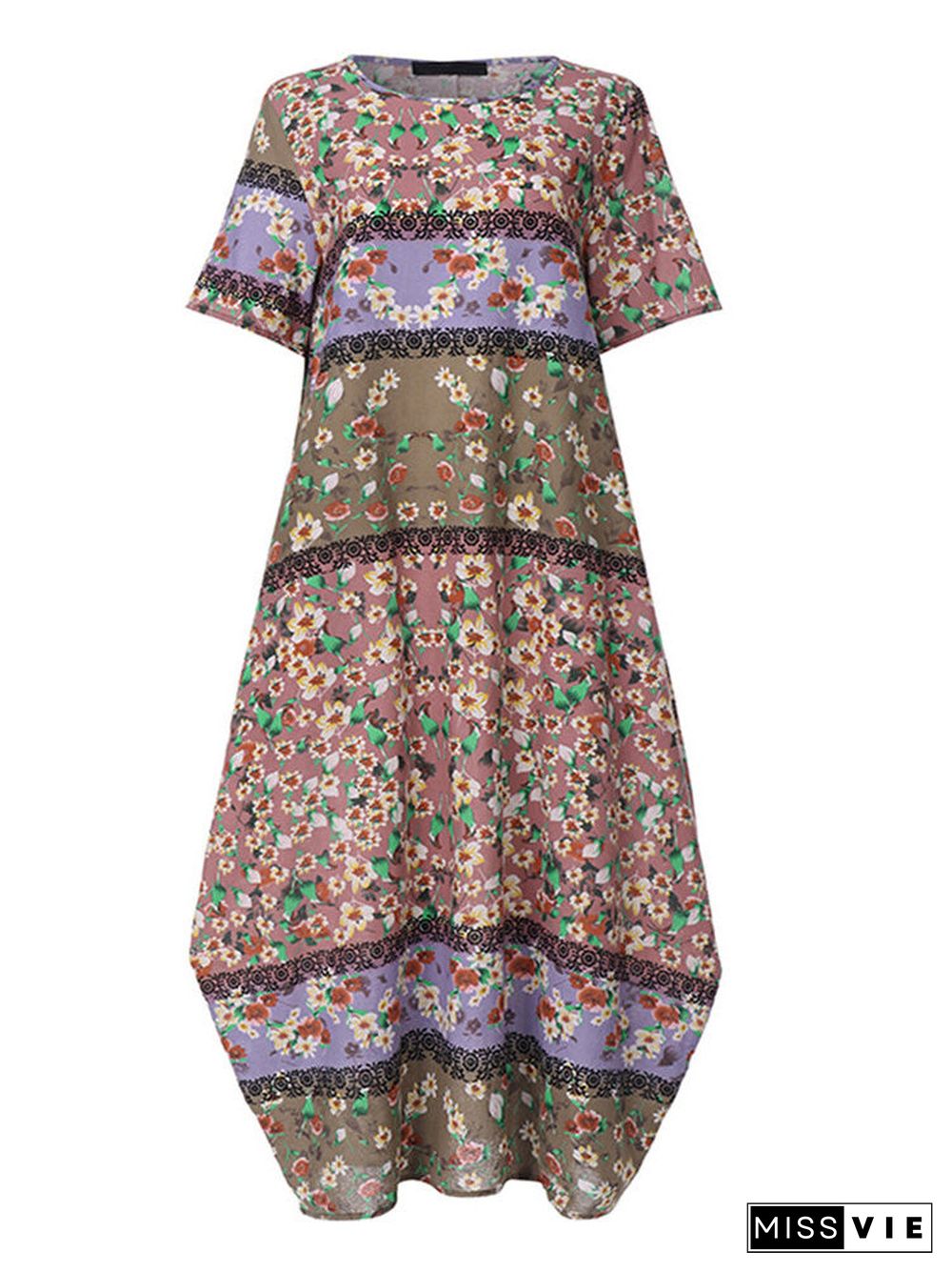 Women's Floral Printed Round Neck Short Sleeve Maxi Dress