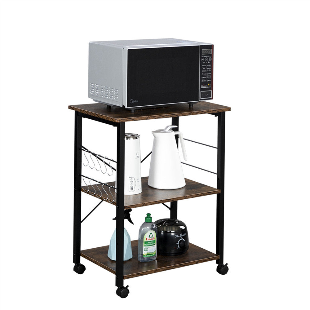 Kitchen Baker’s Rack 3 Tiers Rolling Utility Cart with Hooks Industrial Style Microwave Oven Cart Stand for Living Room Dining Room