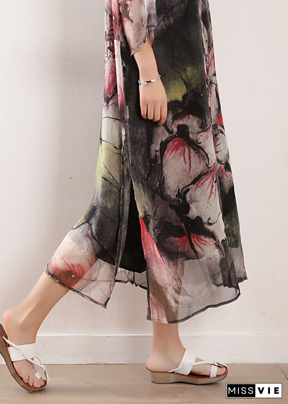 Women light gray prints blended dress Plus Size Photography side open long summer Dresses