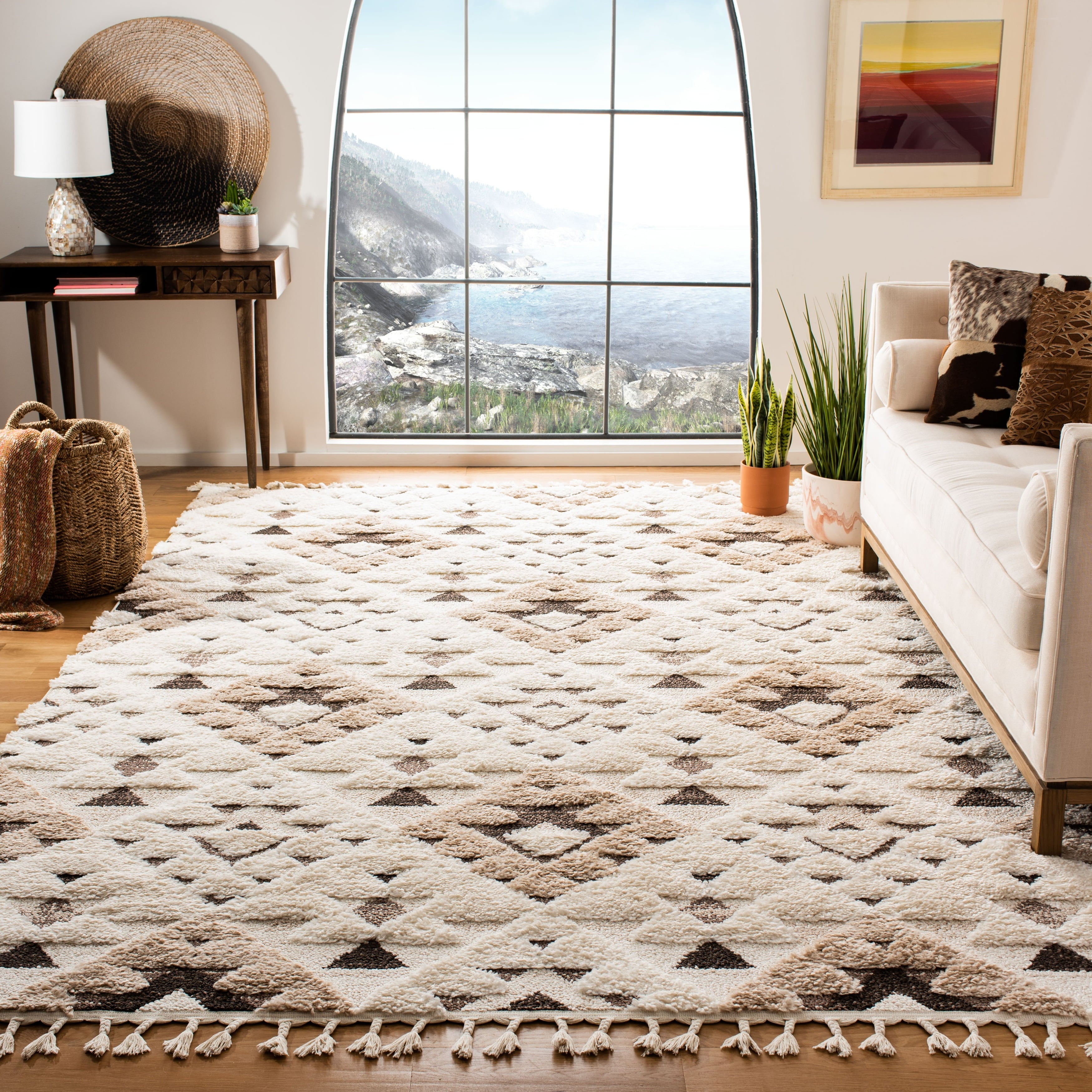 SAFAVIEH Moroccan Tassel Shag Larry Moroccan Geometric Area Rug, Ivory/Brown, 5'3