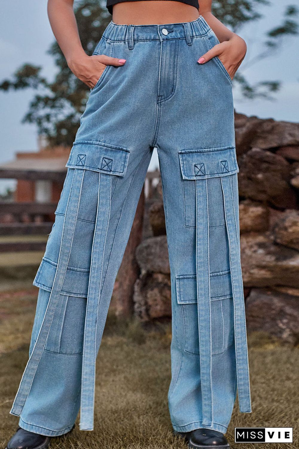 Street Solid Pocket Loose Denim Jeans