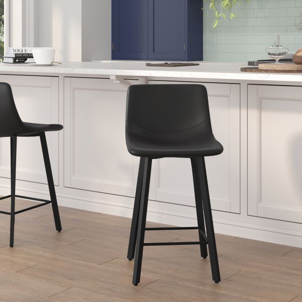 Caleb Modern Armless 24 Inch Counter Height Stools Commercial Grade with Footrests in Black LeatherSoft and Black Matte Metal Frames， Set of 2