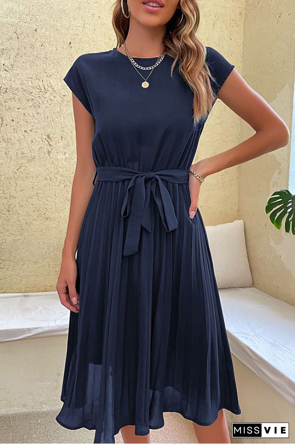 Plain Pleated with Belt Short Sleeves Midi Dress