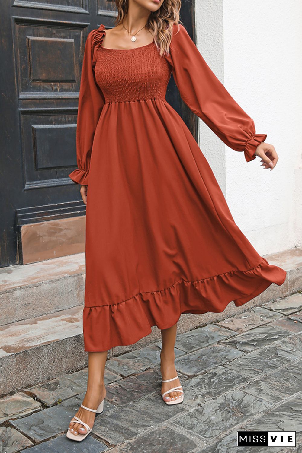 Smocked Square Neck Ruffles Maxi Dress