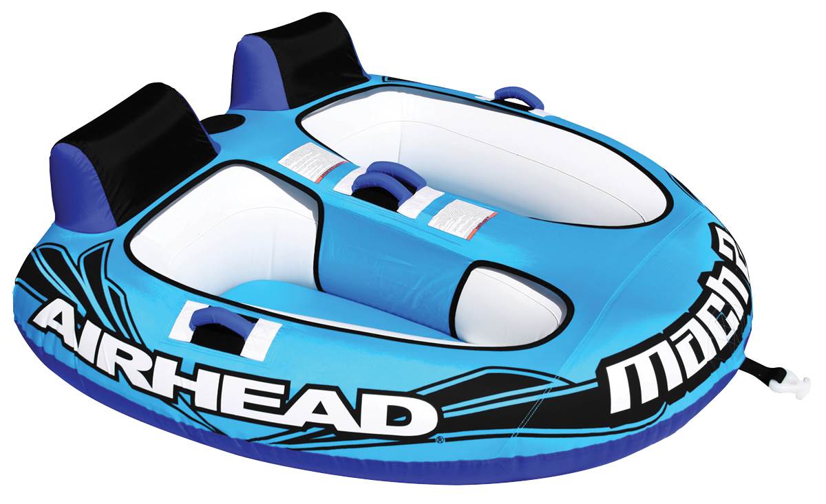 Airhead Mach 2 Inflatable 2-Rider Cockpit Towable Tube + 12V Portable Air Pump