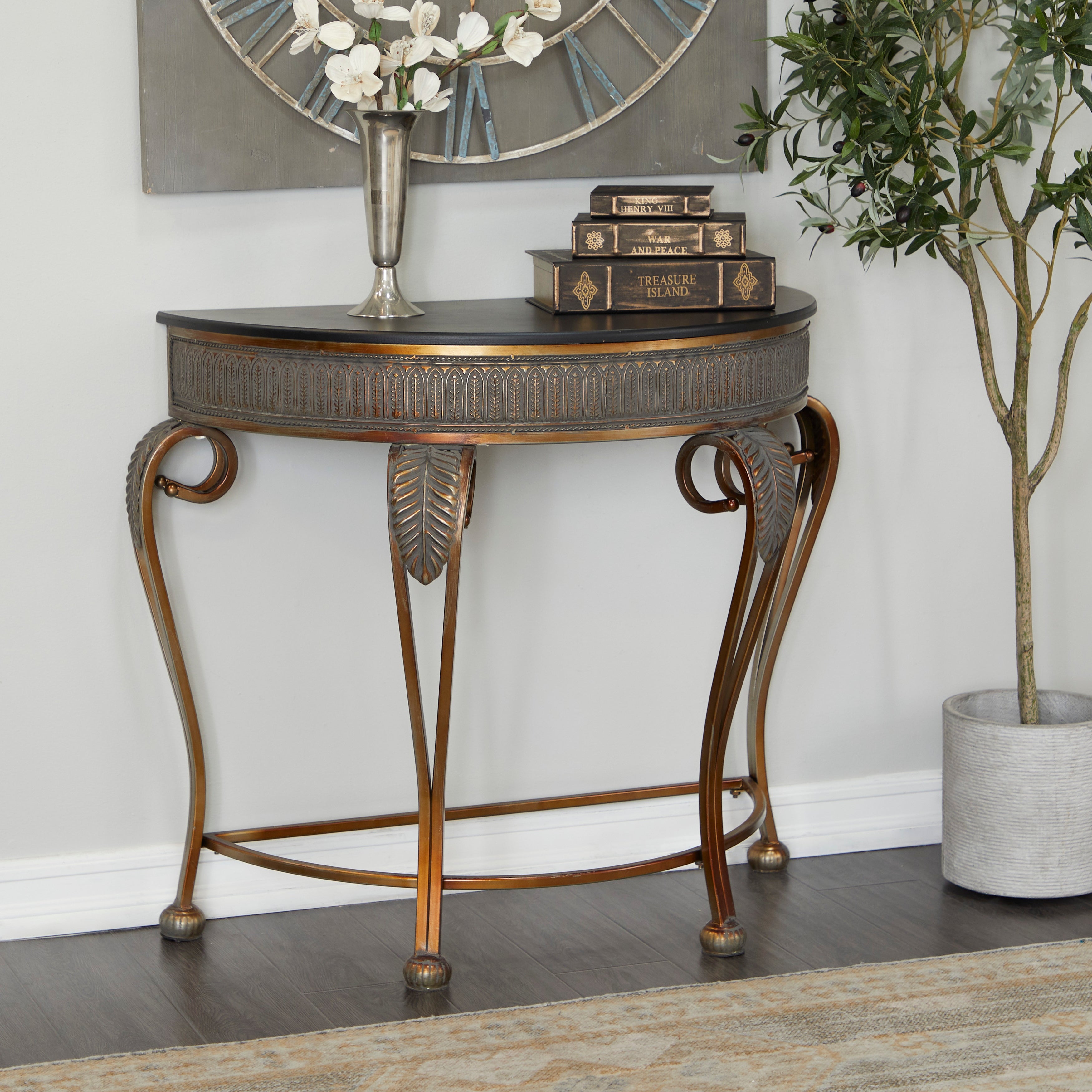 Gold Tone Iron Traditional Demi Lune Half Moon Console Table - 41 x 19 x 33