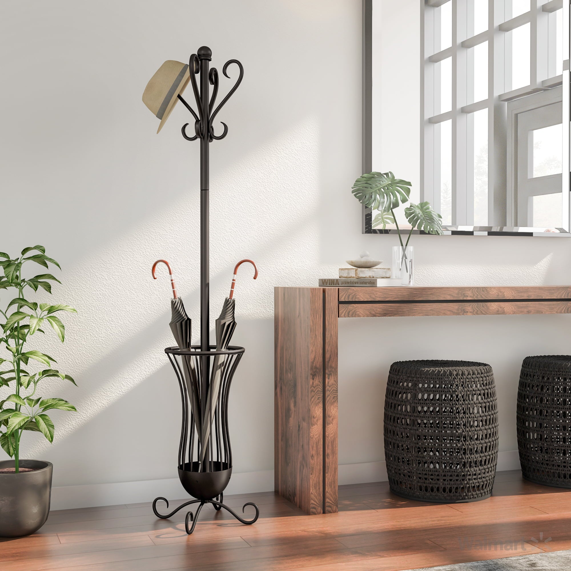 Better Homes and Gardens Traditional Metal Coat Rack With Umbrella Stand， Bronze Finish