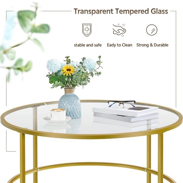 Round Modern Glass-Top Coffee Table， Gold