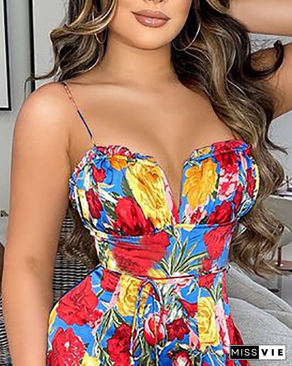 Floral Print Tied Detail Frill Hem Romper