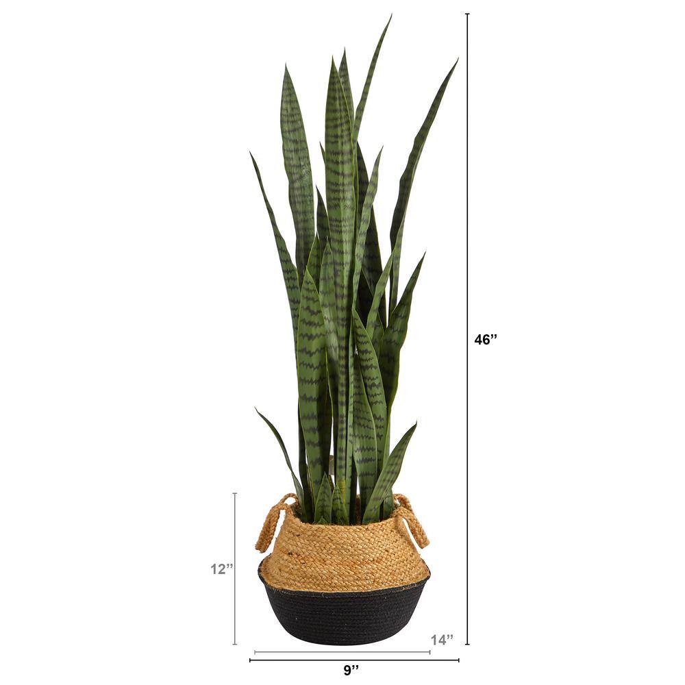 Nearly Natural 46 in. Green Sansevieria Artificial Plant in Boho Chic Handmade Cotton and Jute White Woven Planter P1761