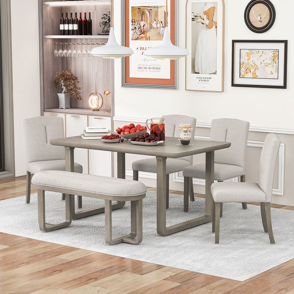 6-piece kitchen table， rectangular dining table， 4 upholstered chairs and benches， foam covered backrest and cushions