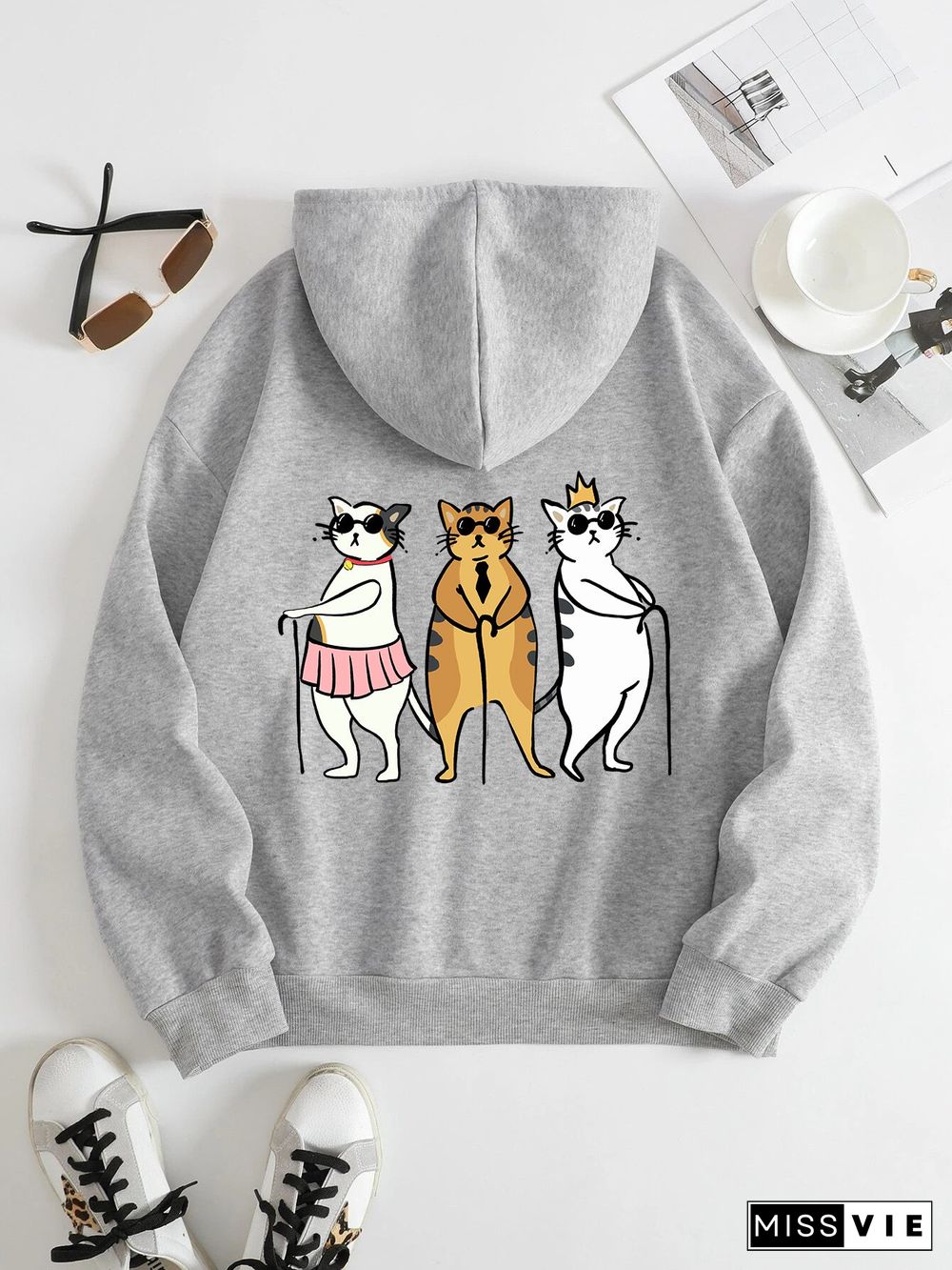 Printed on the Back Kangaroo Pocket Hoodie Long Sleeve for Women Pattern  Three Best Friend Cats